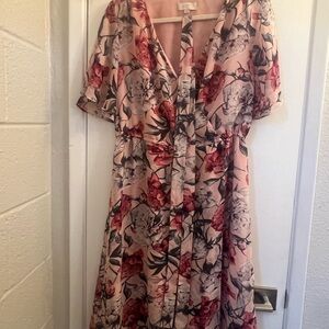 LOFT Pink and Black Floral Midi Dress